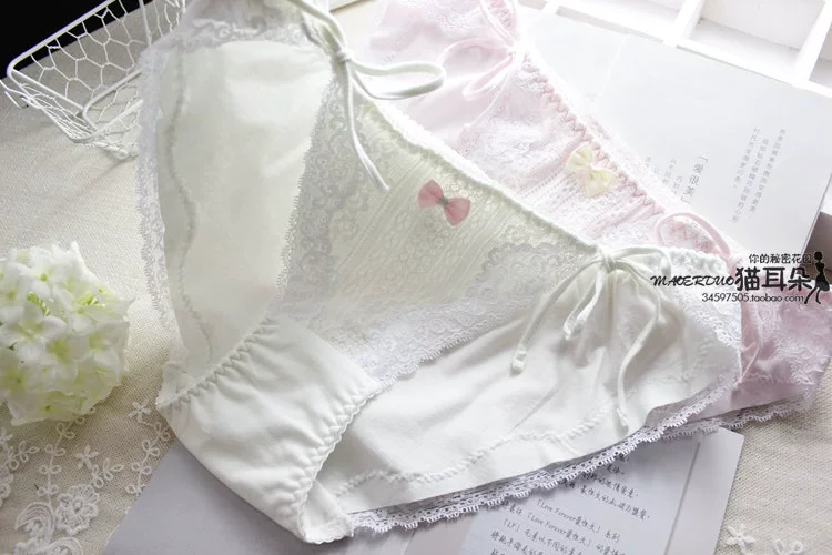 Bướm Love Shu Han Fan Cotton Ren dây rút Cotton ngọt ngào Ren trắng Mid-Eo Tam giác Quần lót nữ - Giống cái