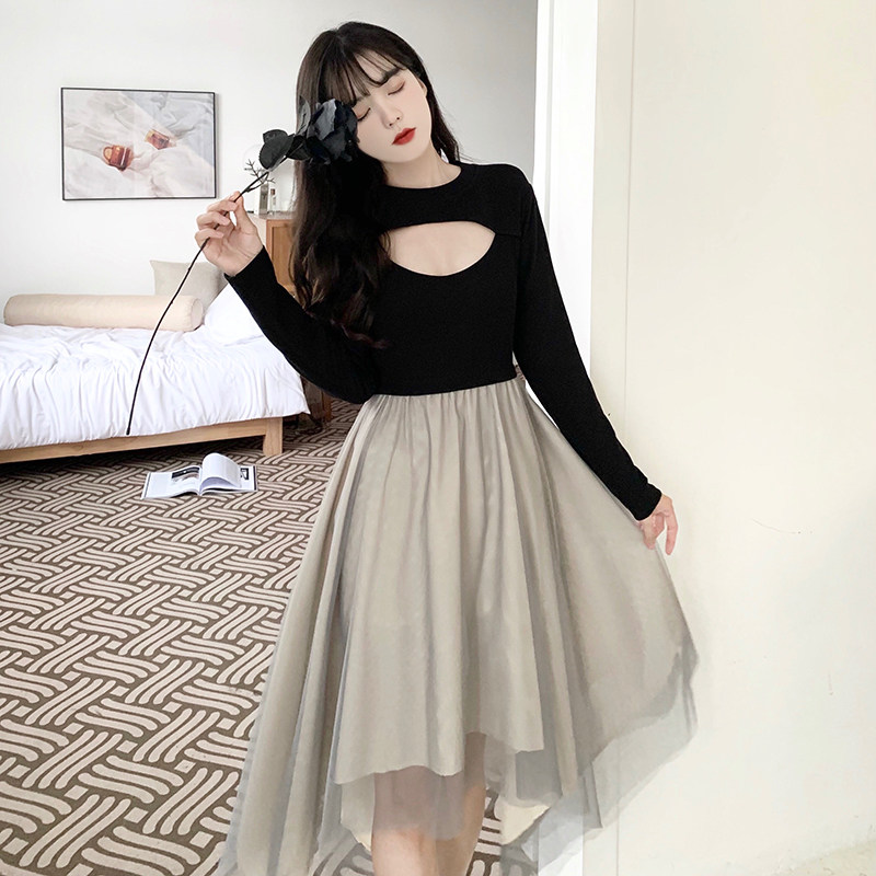 2022 slim casual maternity dress black dress mesh stitching slim temperament super fairy irregular skirt