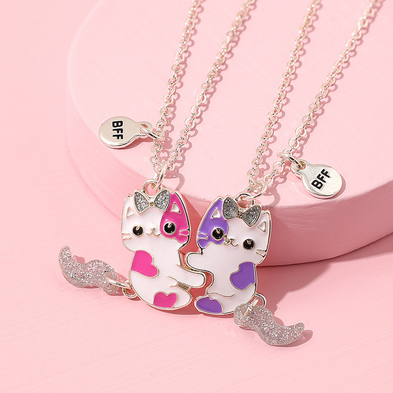 Cute Cat with Moving Tail Magnet Two-Piece Necklace for Friends, Besties, Bffs, Children's Cartoon Necklace for Girls Cute Cat with Moving Tail Magnet Two-Piece Necklace for Friends, Besties, Bffs, Children's Cartoon Necklace for Girls