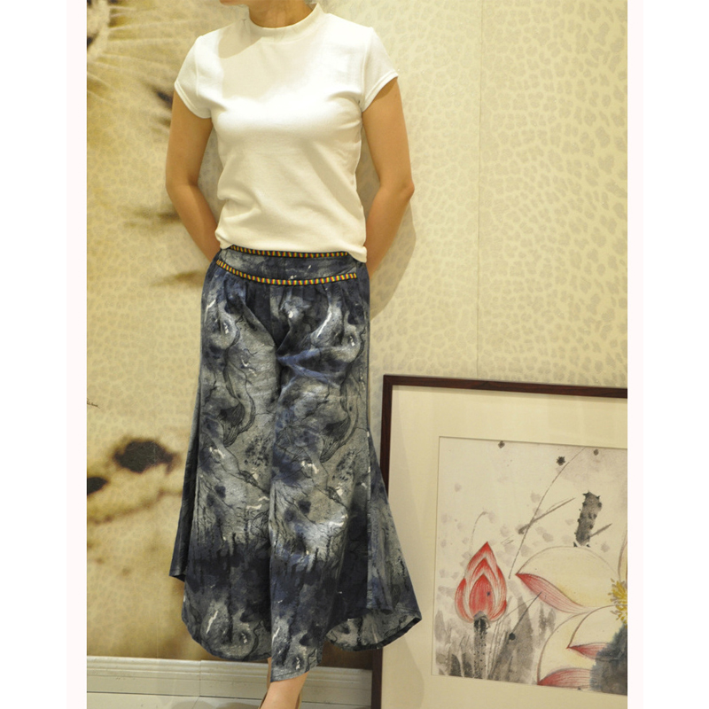 Summer new ethnic style trousers women's Lijiang cotton and linen splicing flower trousers trousers wide-leg trousers Harem trousers flared trousers