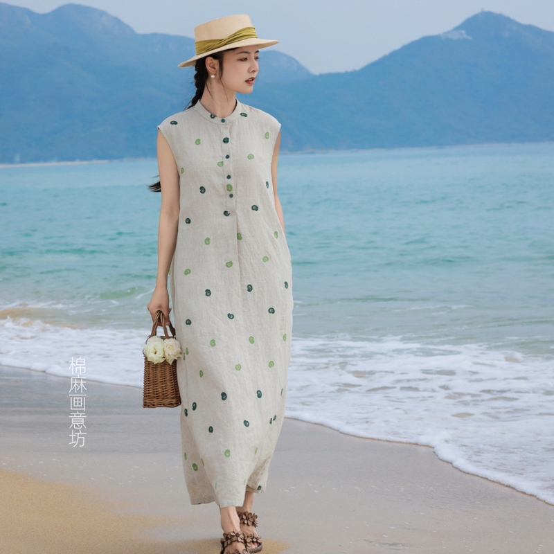 Artistic Style Loose-Fitting Slimming Long Embroidered Stand-Collar Washed Linen Dress for Women, New Summer Collection with Cap Sleeves A-Line Dress