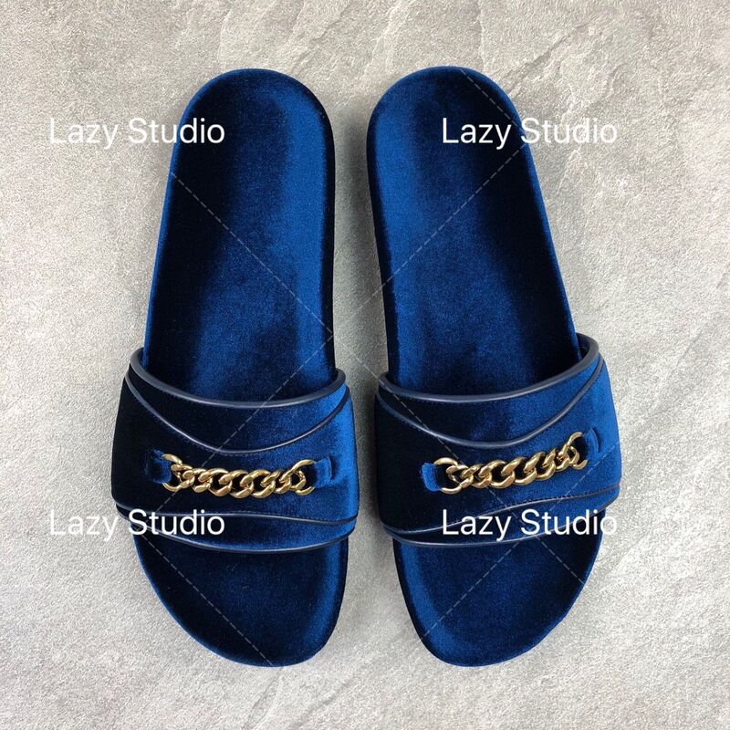 Brand New in Stock Tom Ford Men's Blue Velvet Gold Ring Logo Slippers