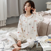 Pajamas womens long-sleeved cotton spring and autumn two-piece suit Autumn cardigan Womens autumn and Winter thin cotton large size home clothes