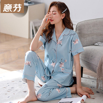 Pajamas womens summer cotton short-sleeved trousers thin summer cotton womens middle-aged mother large size home wear suit