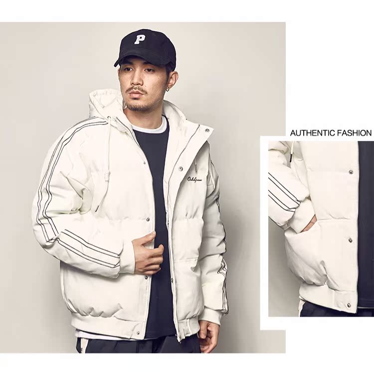 Đường dành cho nam Đường mùa đông Áp lực mới Sọc Cotton trùm đầu Mặc Nam Cặp đôi Bánh mì Mặc ấm Áo khoác dày Slim Cotton Áo dài áo gió
