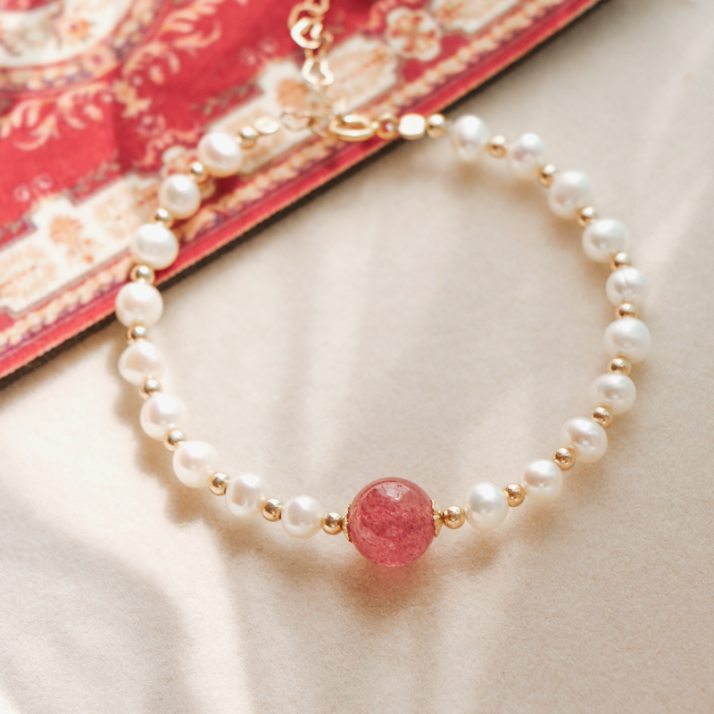 Hepburn style hand chisel natural freshwater pearl crystal strawberry crystal hand chisel female niche design student all-match