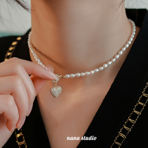 Natural Freshwater Pearl Necklace Lock Bone Female Love Peach Heart Pendant Small Crowddesign Sensation Neck Chain Small Rice Grain Fashion