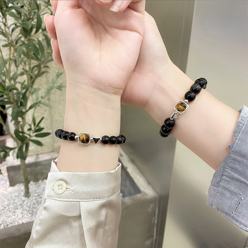 Natural obsidian couple bracelet pair sterling silver Korean version niche design sense 520 Valentine's Day commemorative gift