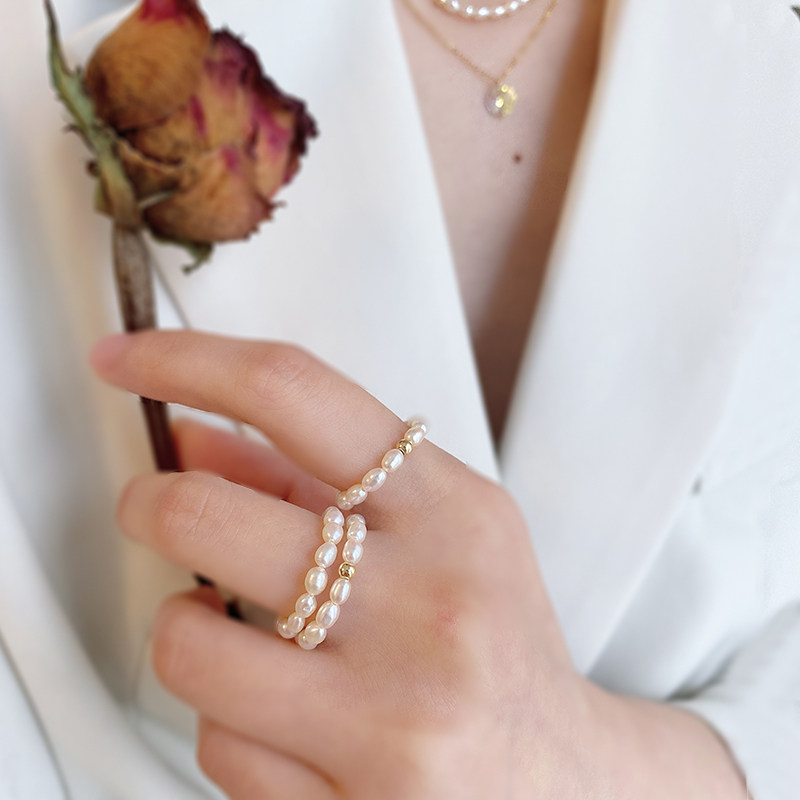 Gentle wind natural pearl ring stacked with strong light American 14k gold index finger ring ring tail ring female