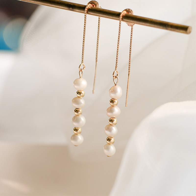 Natural pearl 14k coated gold ear pin without fade pearl ear line long version of lukewarm wind pure silver plated real gold earthen