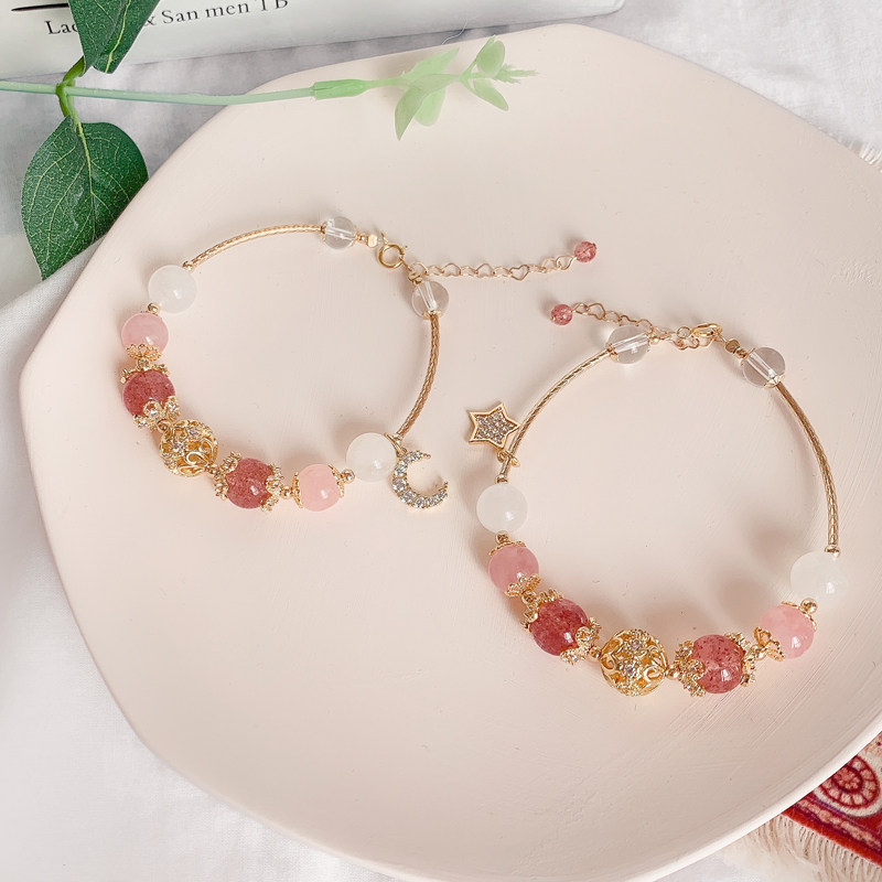 Starmoon strawberry crystal powder crystal moon light stone bag gold bracelet handmade female summer bestie small crowdsourced design