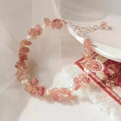 Flower love natural strawberry crystal bracelet female ins minority design recruit peach flower hand female