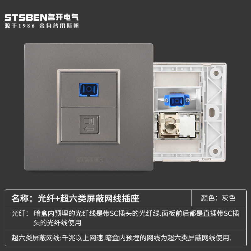 Type 86 hidden gigabit network interface information panel gray fiber + super six types of shielded network cable computer socket