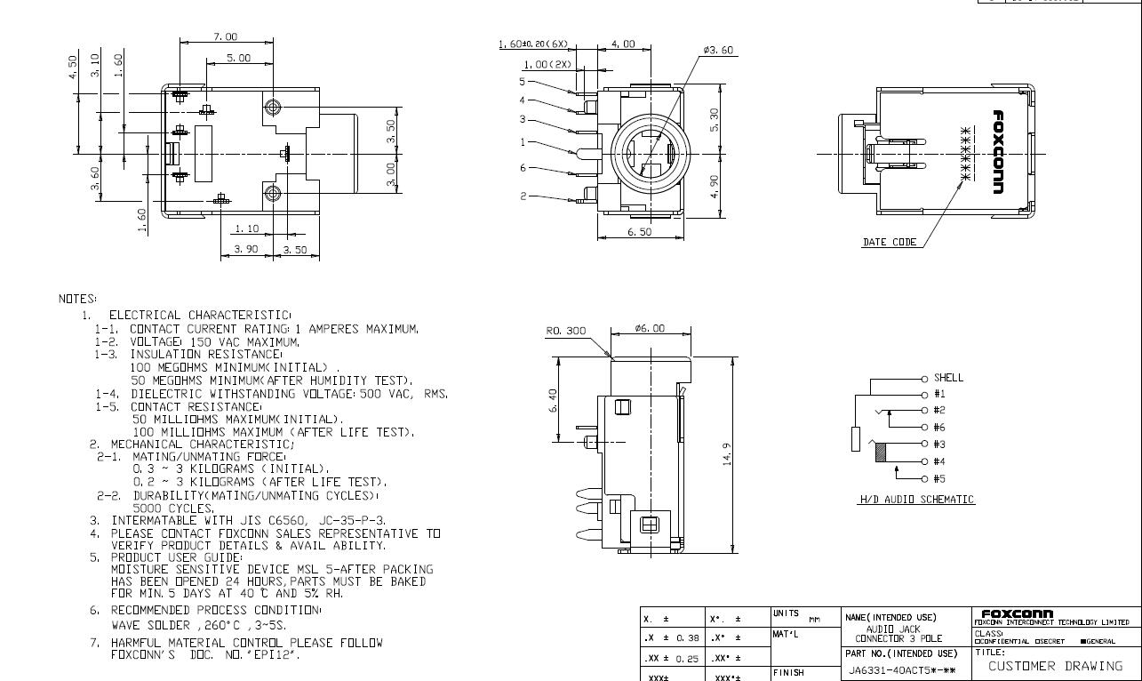 FOXCONN JA6331-40ACT5B-4H Audio Jack Connector