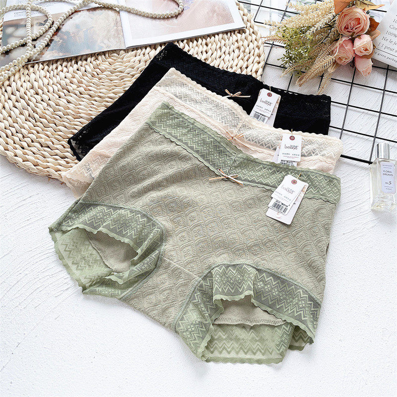 Flat corner Belleia Briefs sexy cotton Lace Lace Floral Lace antibacterial mulberry silk Women's large version High waist trouser head