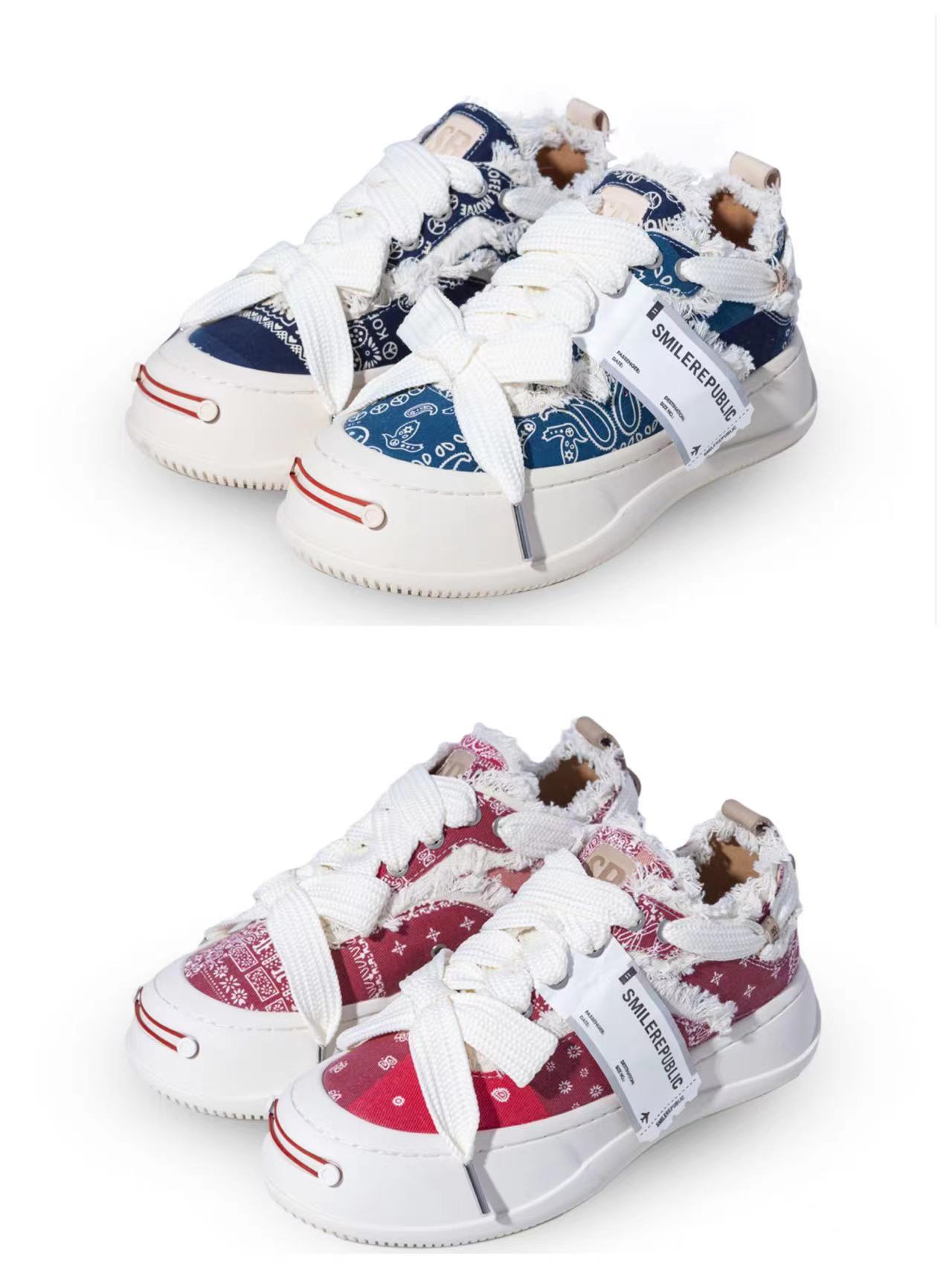 Official website smilerepublic red blue cashew flower open smile low top round toe lace-up canvas shoes