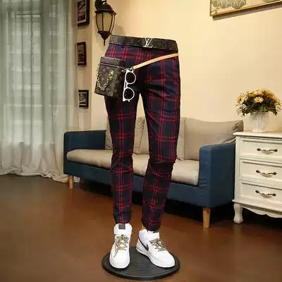 136524 spring and autumn new youth trend business casual formal Korean slim red plaid trousers men's trousers