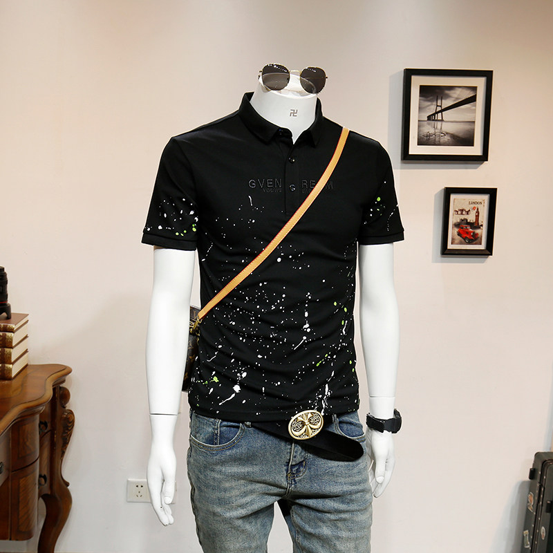 136524 Graffiti print lapel polo shirt fashion casual summer small fresh polo shirt men's half sleeve T-shirt