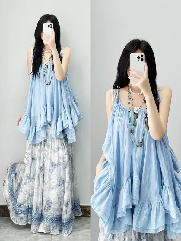 Beach Bohemian Style Suit, French Style Camisole Dress, High-Waisted Tie-Dye Skirt, Women's Summer Complete Set