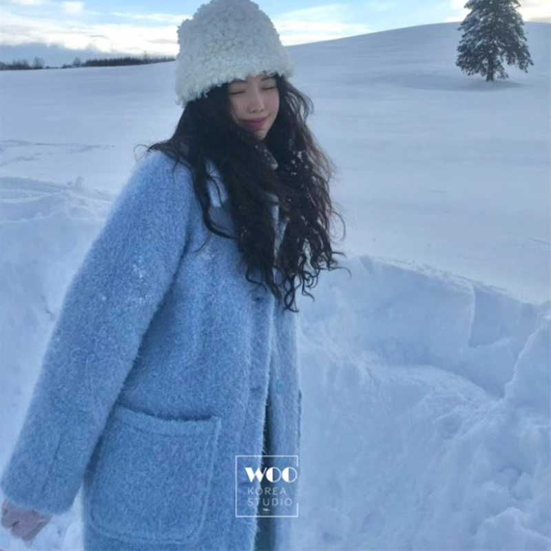 Korean Style Blue Shearling Coat for Women, Mid-Length, New Autumn and Winter Furry Coat for Petite Women