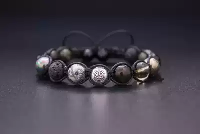 U S A Peace Hand-made Black Agate Lava Stone Serpentine Obsidian Shell Pearl Bracelet