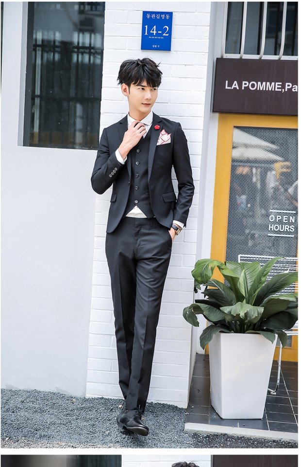 Bộ đồ vest nam thanh lịch mỏng phù hợp với chú rể màu hồng thời trang giản dị nhỏ phù hợp với nam doanh nhân bộ đồ ba mảnh quần kaki nam đẹp