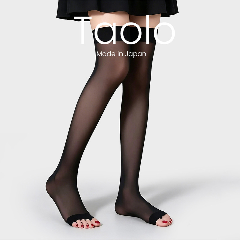 Japanese Taolo Open-Toe Socks, Thin Black Skin-Tone Long Stockings for Women, Anti-Snag Over-The-Knee Fish-Mouth High Thigh Socks