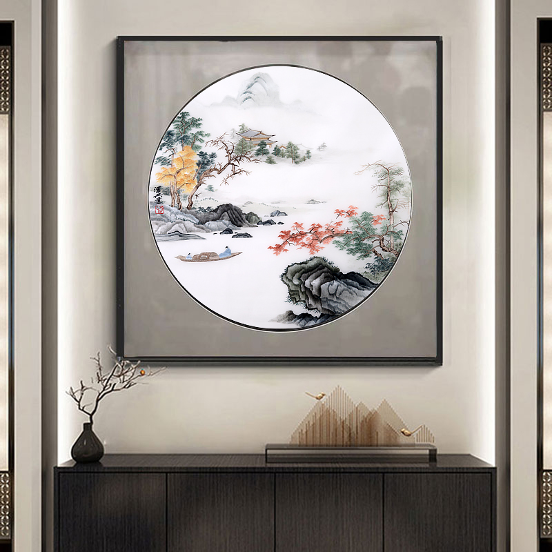 Suzhou embroidery finished product hanging painting porch cabinet living room round square decorative painting pure hand embroidery new Chinese style Suzhou mural