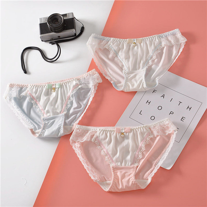 Foreign trade underwear women's small fresh Japanese sexy low waist lace pearl pendant silver silk milk silk ladies underwear