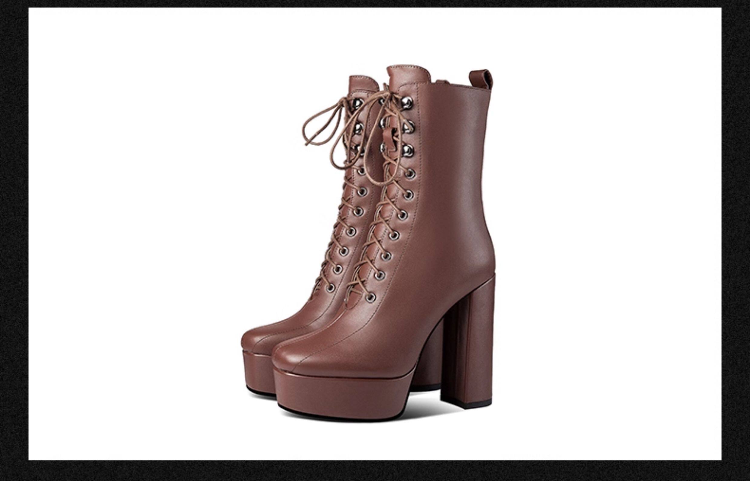 Boot nữ cổ thấp mũi vuông phong cách retro, gót dày platform chống nước, dây buộc khóa kéo — Đen (Gót dày) 35661, Nâu (Gót dày) 35661, Đen (Gót mảnh 35761), Nâu (Gót mảnh 35761) chi tiết 15