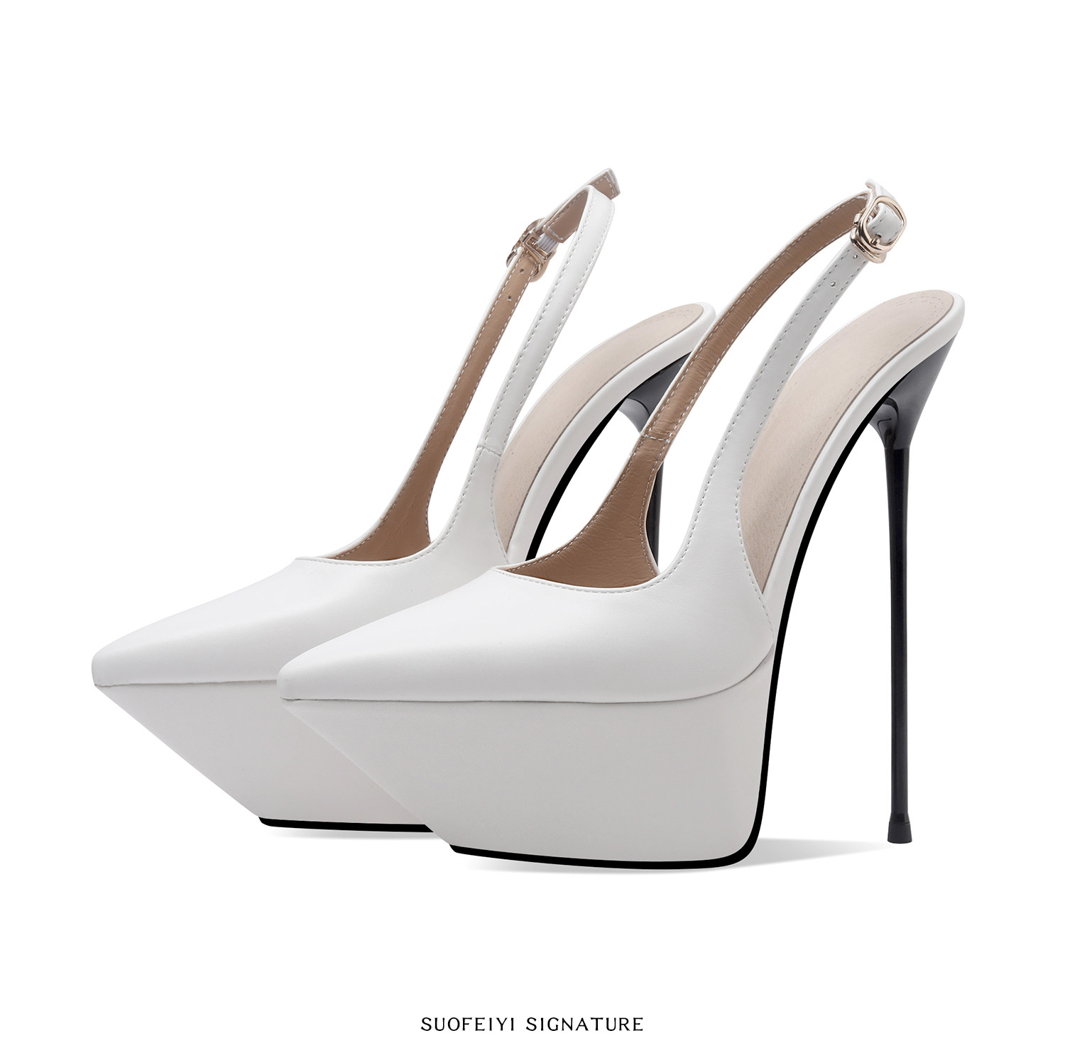 Sandal cao gót nữ mũi nhọn quai một dây, gót siêu cao 12 cm — Đen, Trắng chi tiết 9