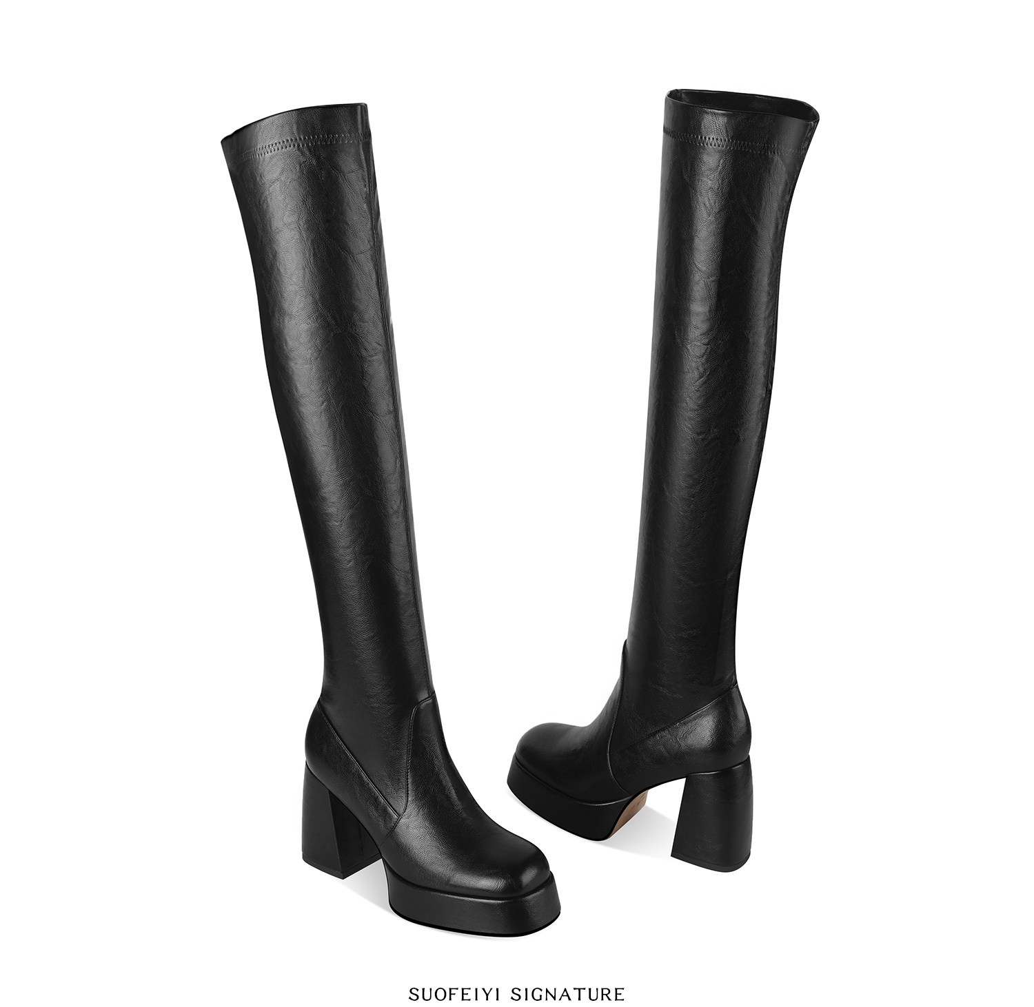 Boot nữ cổ cao ôm bắp chân gót cao dày đế tăng chiều cao — Đen, Nâu chi tiết 4