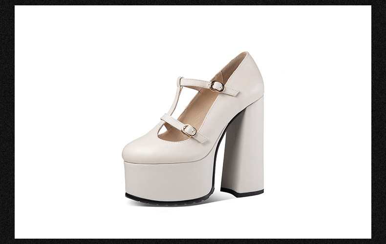 Giày Mary Jane nữ quai T mũi tròn cổ điển, gót siêu cao 8 cm, đế platform chống nước — Đen, Be chi tiết 11