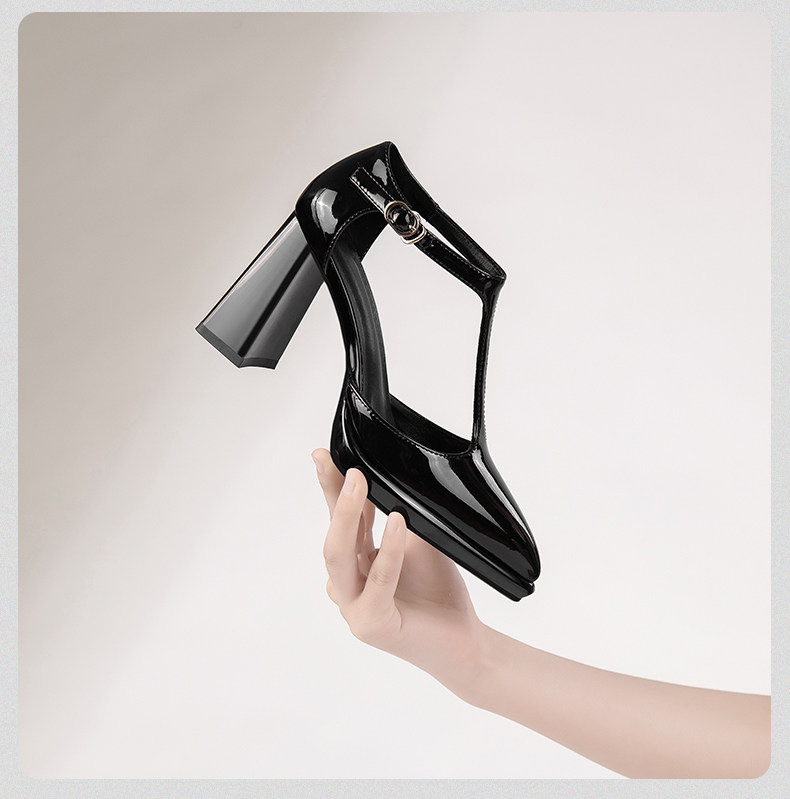 Sandal cao gót nữ quai chữ T mũi nhọn gót vuông platform — Đen, Đỏ rượu chi tiết 16