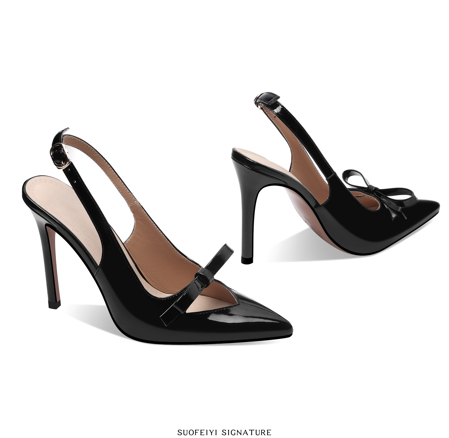 Sandal cao gót nữ hở mũi mũi nhọn chất liệu da bóng, quai mắt cá, nơ trang trí — Đen, Đỏ rượu chi tiết 5