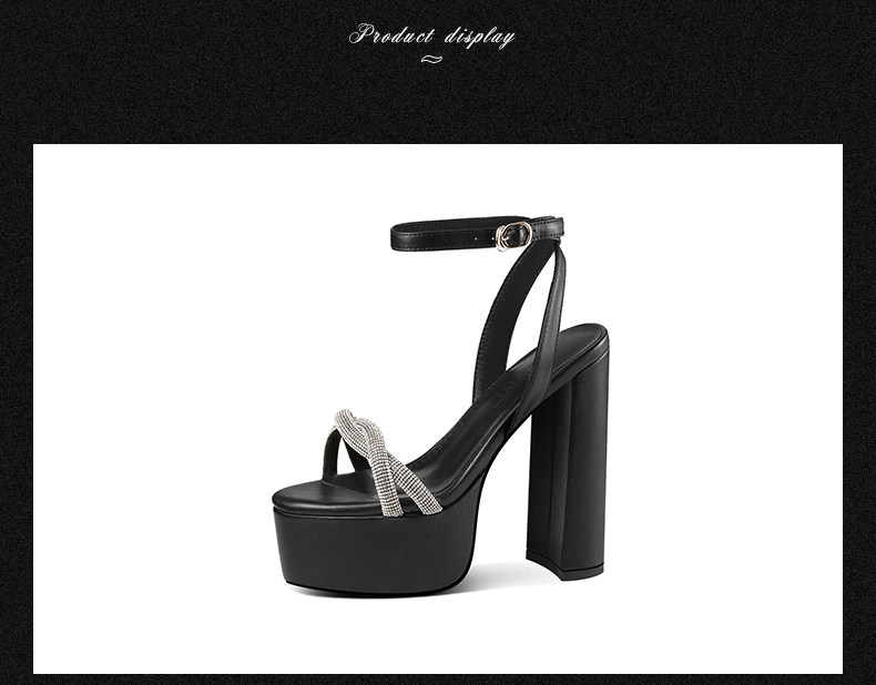 Sandal cao gót nữ da bò thật quai mắt cáo gót vuông hở mũi đính đá trắng — Đen, Be chi tiết 10