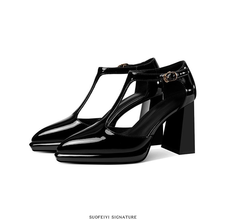 Sandal cao gót nữ quai chữ T mũi nhọn gót vuông platform — Đen, Đỏ rượu chi tiết 5