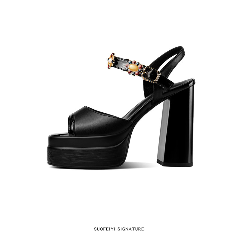 Sandal cao gót nữ mũi cá kiểu Pháp Sophie, gót vuông dày platform, quai khóa một bên — Đen, Trắng ngà chi tiết 3