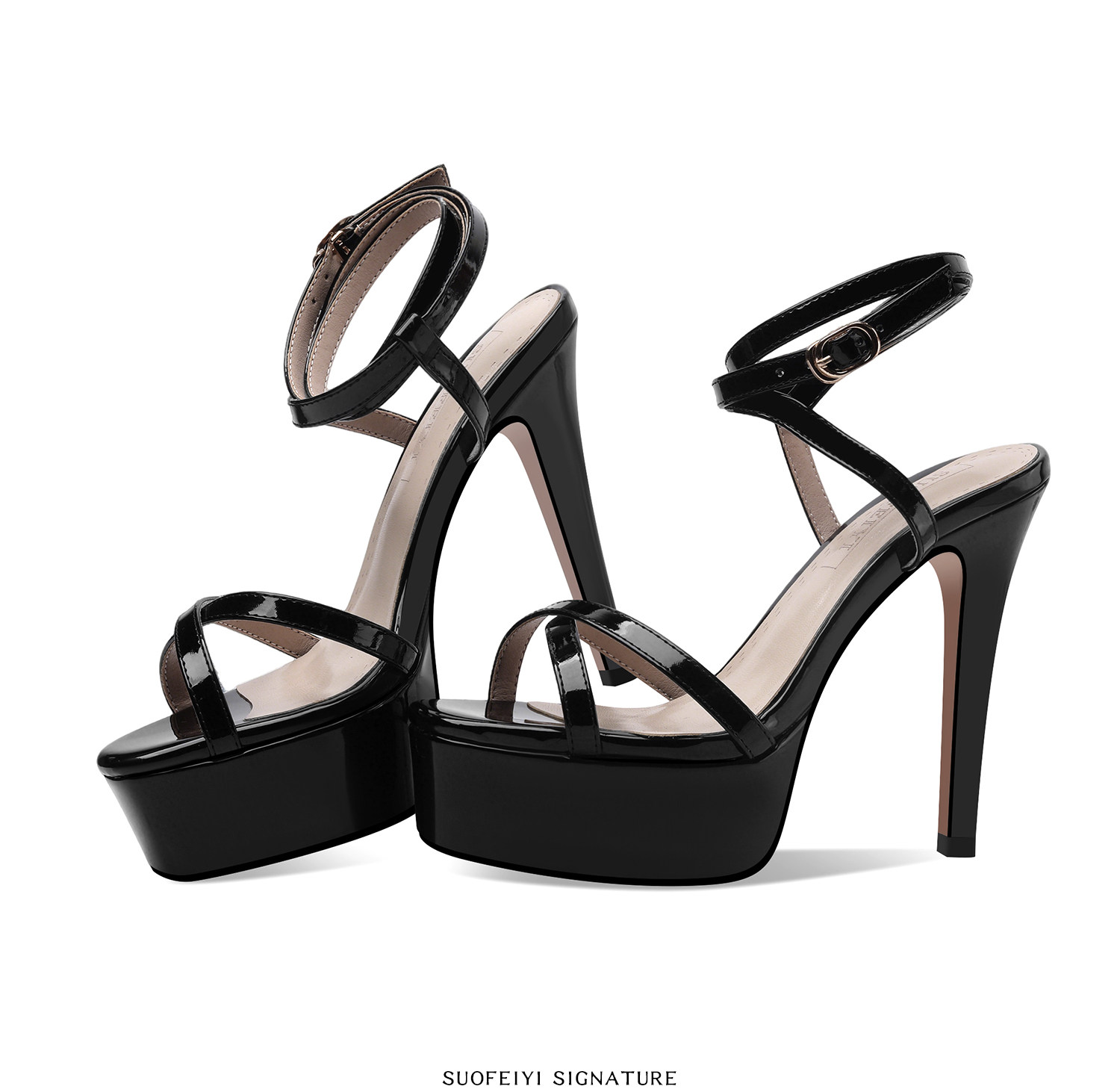 Sandal cao gót nữ hở mũi quai mắt cá phong cách Pháp, gót nhọn 12 cm, đế platform chống nước — Đen, Mơ chi tiết 4