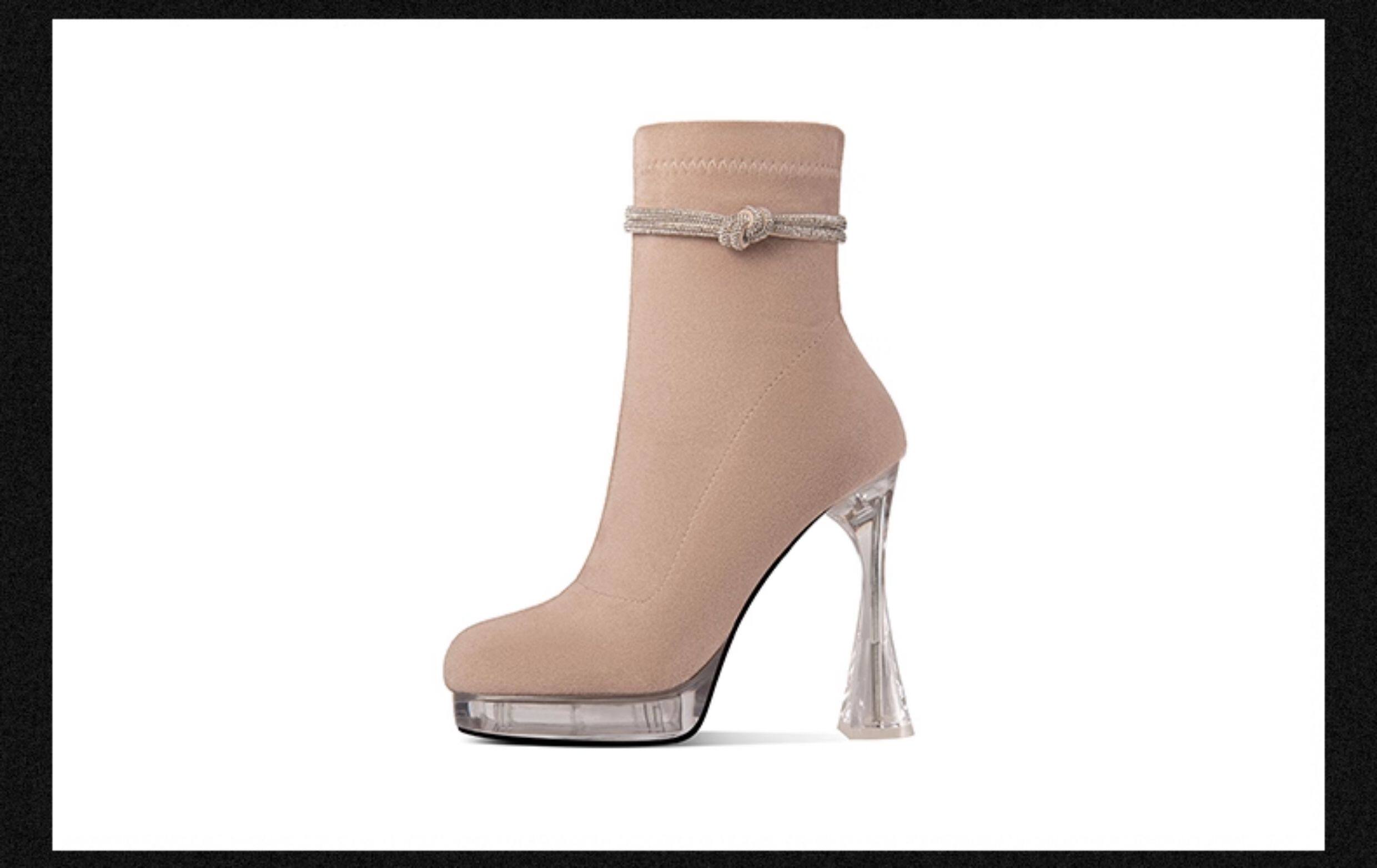 Boot nữ cổ thấp mũi tròn chất da lộn gót vuông cao 8 cm — Đen, Mơ chi tiết 13