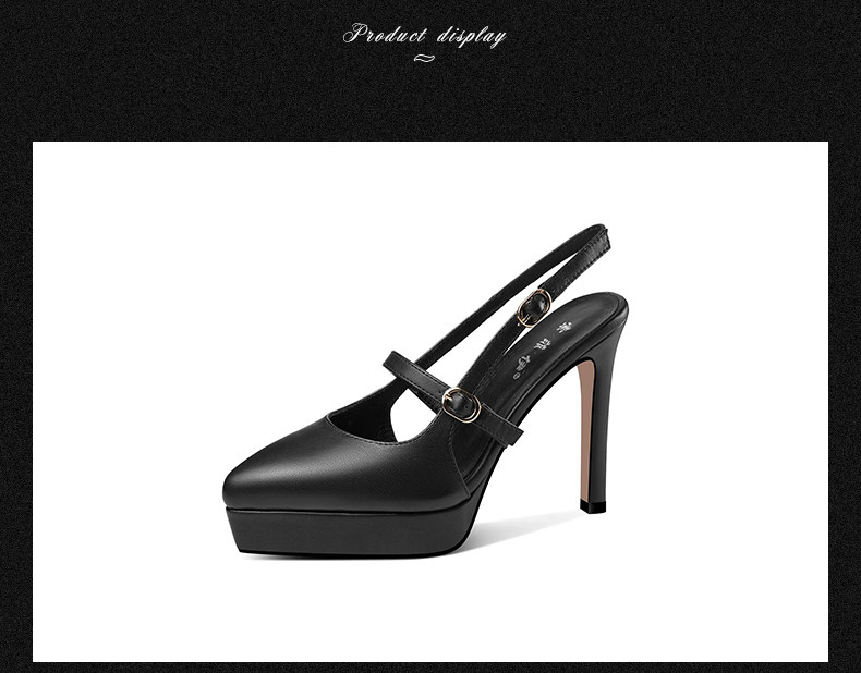 Sandal cao gót nữ mũi nhọn quai khóa một dây, gót siêu cao 8 cm, đế platform chống nước — Đen chi tiết 10