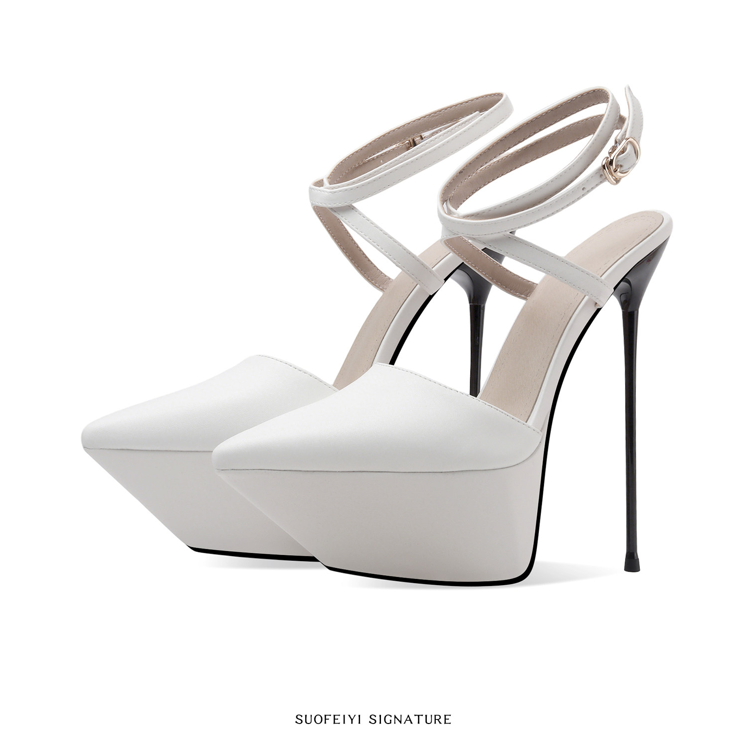 Sandal cao gót nữ mũi nhọn gót siêu cao 12 cm đế platform chống nước — Đen, Trắng chi tiết 9