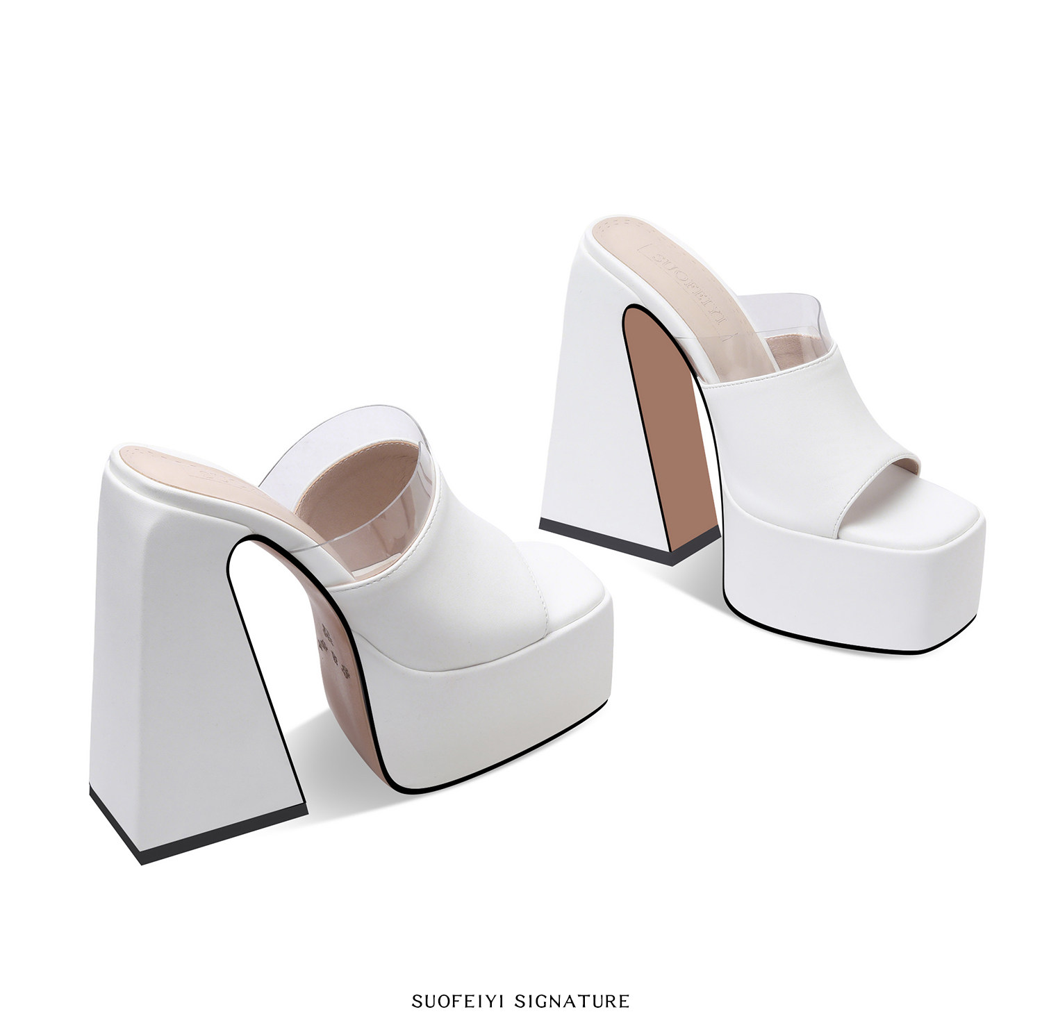 Sandal cao gót nữ mũi hở đế dày chunky gót vuông — Đen, Trắng chi tiết 8
