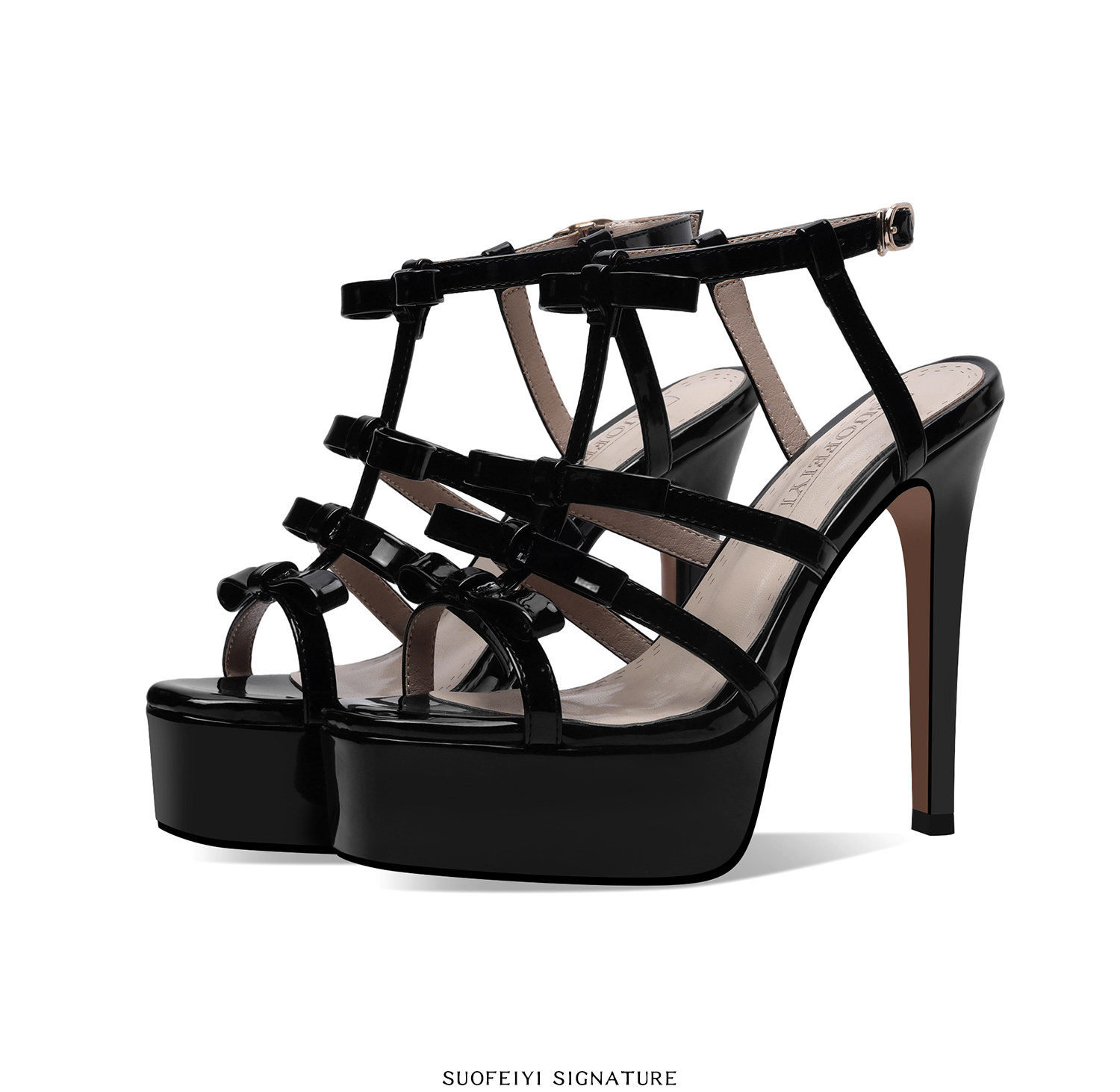 Sandal cao gót nữ quai mảnh phong cách La Mã cổ điển, mũi hở, đế dày chống nước, gót nhọn 9 cm — Đen, Mơ chi tiết 5