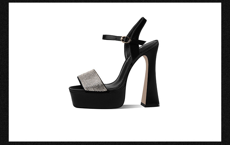 Sandal cao gót nữ mũi vuông đính đá quai ngang gót chunky platform chống nước — Đen, Mơ chi tiết 12
