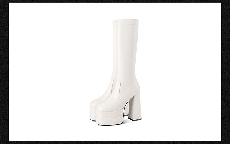 Boot nữ cổ cao gót siêu cao đế dày chunky, dây xích trang trí, phong cách châu Âu — Đen, Trắng chi tiết 13