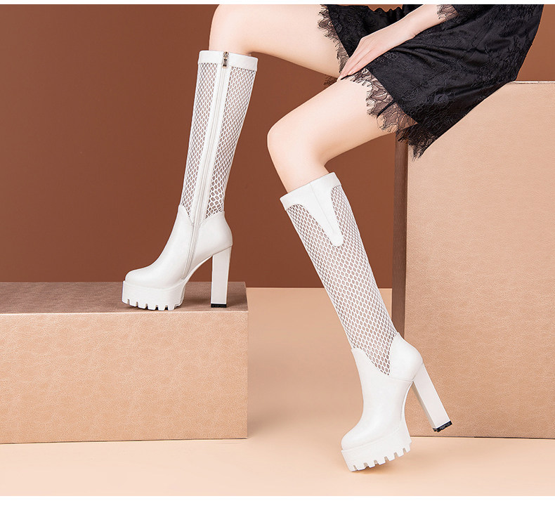 Boot cổ thấp nữ gót vuông cao 8 cm, mũi tròn, đế dày, chất liệu da bò thật kết hợp lưới thoáng khí, khóa kéo bên hông — Đen, Trắng chi tiết 8