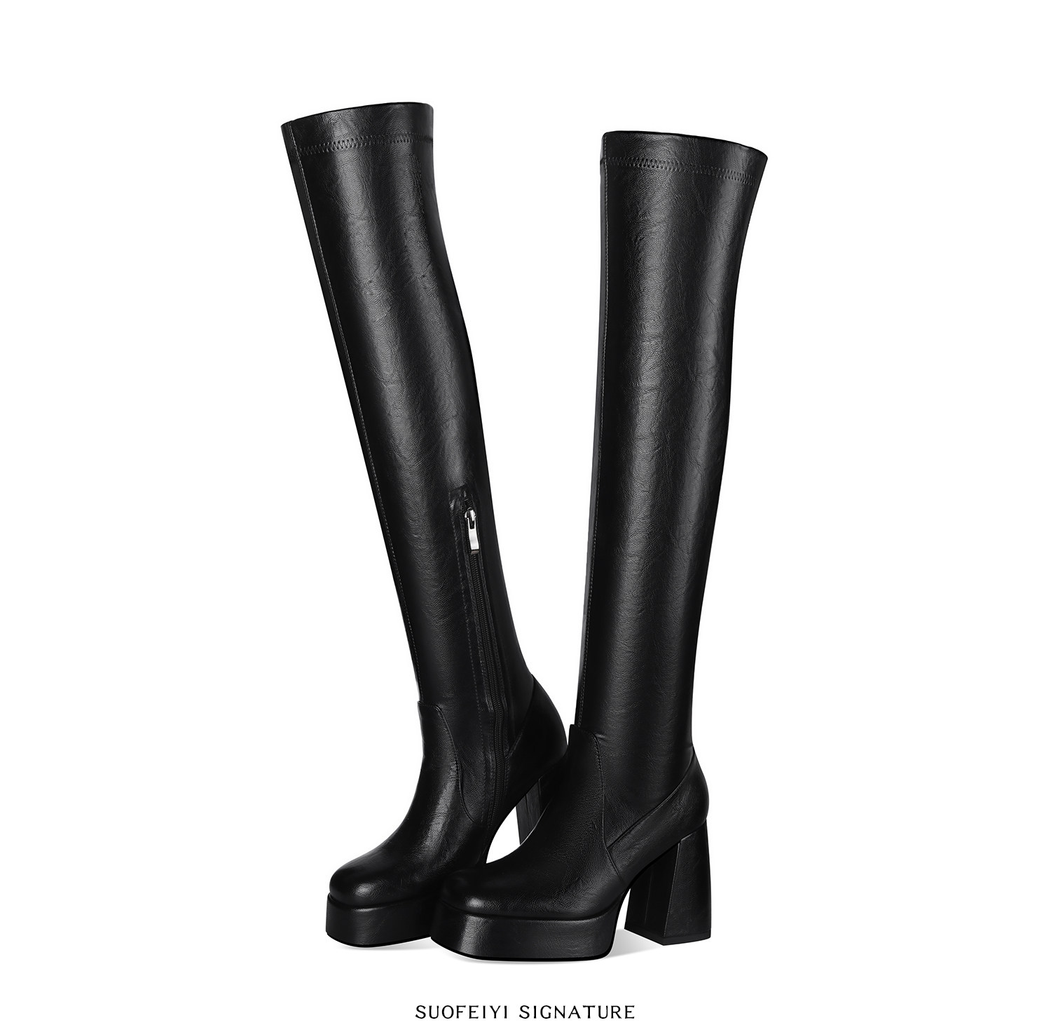 Boot nữ cổ cao ôm bắp chân gót cao dày đế tăng chiều cao — Đen, Nâu chi tiết 3