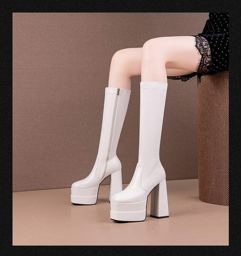 Boot nữ cổ cao gót siêu cao đế dày chunky, dây xích trang trí, phong cách châu Âu — Đen, Trắng chi tiết 6