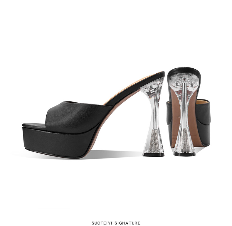 Sandal cao gót nữ hở mũi đế dày platform, gót 9 cm — Đen, Trắng chi tiết 4